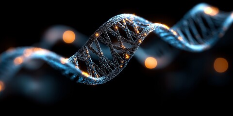 DNA molecule rotating with glowing particles in dark background