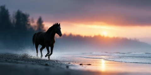 Majestic horse runs along the shoreline at sunset, splashing water under colorful sky