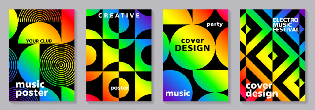 Abstract gradient geometric patterns on black background vector set for cover template. Music poster design. Trendy design for music festival, club, party, cards, flyer, social media, ads. - Powered by Adobe