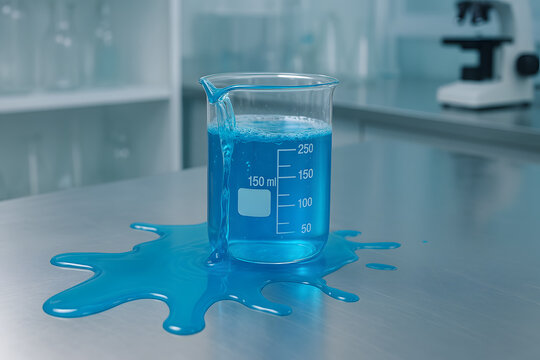 Blue liquid spilled from lab beaker on reflective surface in modern laboratory environment showing chemical accident scenario
