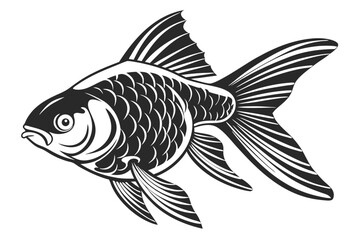 Detailed monochrome goldfish swims gracefully, showcasing its intricate scales and flowing fins against white