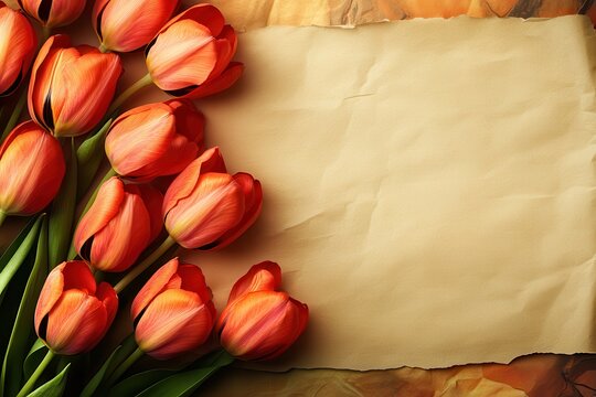 Women's Day celebration featuring vibrant red tulips alongside a blank parchment note on a warm background creating a festive and inspiring atmosphere for appreciation and recognition