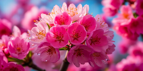 Fototapeta premium Cherry Blossoms with Droplets Against Blue Sky