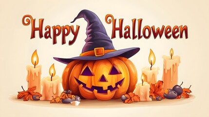 Naklejka premium Festive Halloween decoration with pumpkin, candles, and autumn leaves on display