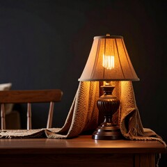 Incandescent Lamp with Hood Above Table on Black Background