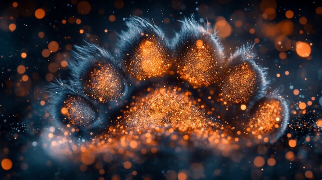 Abstract paw print, fiery orange glitter on dark background - Powered by Adobe