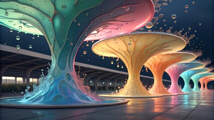 Abstract colorful liquid sculptures illuminated night scene