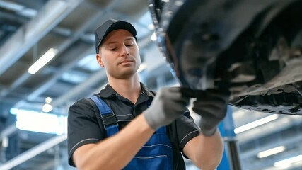 Mechanic working under a car, inspecting the exhaust system while a large automotive lift holds the vehicle above, work lights casting shadows