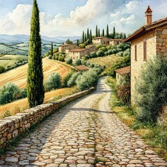 Obraz premium Ancient stone road leads through hills of Tuscany to villa, cypresses and lush greenery. Watercolor illustration. A rural landscape with an old brick house, arched passageways with terrace and flowers