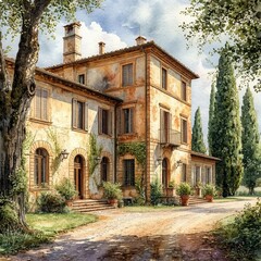 Obraz premium Stone old Italian villa, cypress trees and gravel road. Watercolor illustration. A rural landscape with an old brick house, arched passageways with a terrace and flowers. Travel and leisure theme