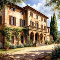 Stone old Italian villa, cypress trees and gravel road. Watercolor illustration. A rural landscape with an old brick house, arched passageways with a terrace and flowers. Travel and leisure theme