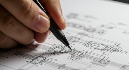 Close-up of hand drawing intricate engineering schematic with precision pen on paper
