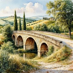 An ancient stone bridge leads over the hills of Tuscany to the villa, cypresses and lush greenery. Watercolor illustration. A rural landscape with an old gravel road, a calm river and bushes.