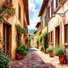 Fototapeta premium A classic Italian street with a stone-paved pavement. Watercolor illustration. Wooden doors, arches, walls covered with flowers and the blue sky on the postcard. Travel and leisure theme