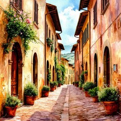 Fototapeta premium A classic Italian street with a stone-paved pavement. Watercolor illustration. Wooden doors, arches, walls covered with flowers and the blue sky on the postcard. Travel and leisure theme