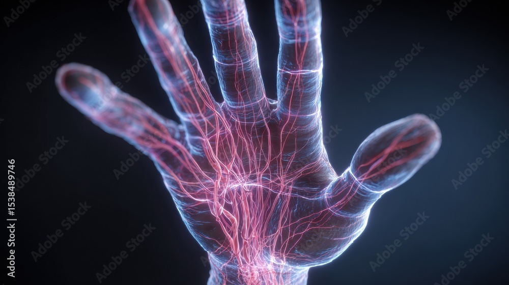Aufkleber visual representation of touch-sensitive hand illustrating sensory nerves and their pathways in a de