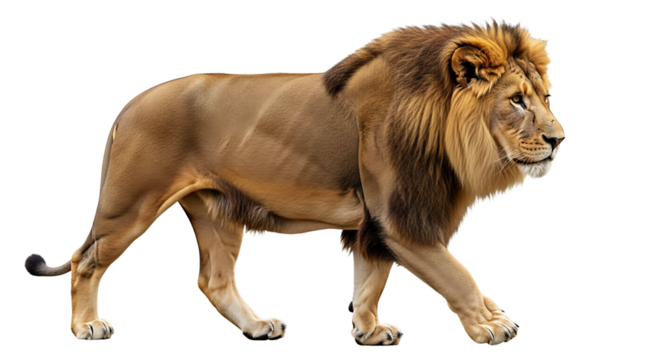 Lion Walking Isolated on White Background Profile View