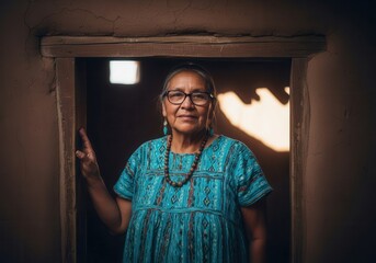 Elderly woman in traditional attire standing in doorway