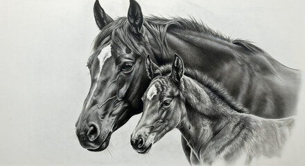 Tender Mare and Foal in Intimate Bonding Moment on Simple Gray Background