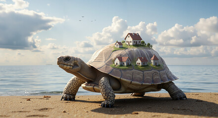 Gentle Giant Tortoise with Whimsical Village Settlement on Shell near Peaceful Ocean