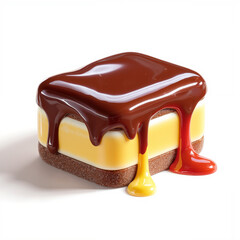 Decadent Layered Square Dessert with Multi-Colored Dripping Sauces on White Background