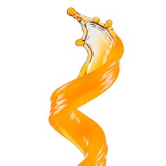 A bright splash of orange juice swirls into a dynamic spiral on a white background. Close-up with high-quality textures and drops, evoking freshness and energy.