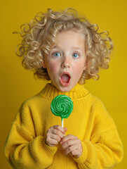 Blonde Curly-Haired Girl with Surprised Expression Holding Lollipop on Solid Yellow Background