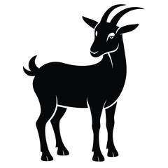 A solid black goat with curved horns and a short tail stands calmly