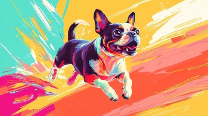 Playful Boston Terrier in Flight, Colorful Abstract Background