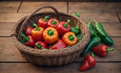 A variety of colorful peppers, including red, green, orange, and yellow. These peppers look fresh with their smooth, shiny skin and distinctive shape.