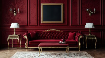Elegant red and gold living room with vintage sofa, ornate tables, wall sconces, and a blank black frame, exuding luxury and classic charm.