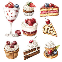Delicious desserts watercolor collection cakes cupcakes and pastries isolated on transparent background, png 