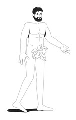 Adam with fig leaf from Eden garden 2D line bible character. Creation myth. Innocent male. Human origin. Biblical man bearded isolated vector ink outline person. Monochromatic spot illustration