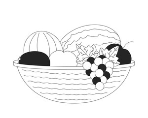 Woven basket brimming assorted fruits 2D line object. Fresh harvest. Healthy apples, melon, watermelon, grapes. Food abundance isolated clipart vector ink outline item. Monochrome spot illustration