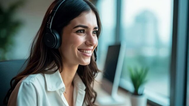 A smiling rep assists clients over the phone, offering support. Polite customer service feedback