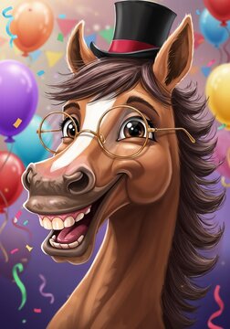 Cartoon horse jovial tipping top hat celebrating on confetti backdrop