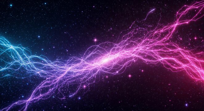Cosmic energy beams digital art in blue and pink converging space phenomenon