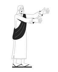 Biblical prophet in traditional robes reaching forward 2D line bible character. Holy man proclaiming. God messenger extended arms isolated vector ink outline person. Monochromatic spot illustration