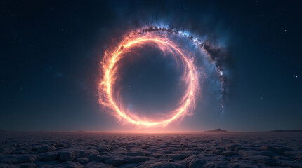 Glowing cosmic portal in night sky, surreal and mystical space adventure.