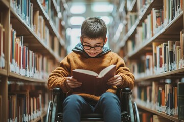 Happy young disabled mixed race school student reads a book in a library during afternoon study time