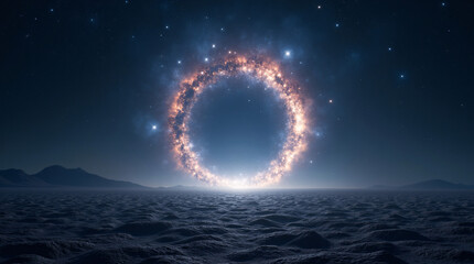 Glowing cosmic portal in night sky, surreal and mystical space adventure.