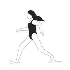 Girl running on beach in swimsuit 2D line character. Active child barefoot jogging. Seaside activity. Young woman runner isolated vector ink outline person faceless. Monochromatic spot illustration