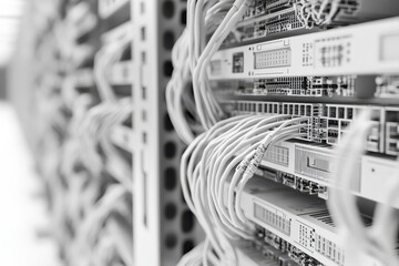 Network server rack filled with interconnected data center equipment featuring extensive cabling organized for efficient connectivity