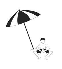Boy building sandcastle under tilted beach umbrella 2D line character. Male child in swim trunks playing with sand castle isolated vector ink outline person faceless. Monochromatic spot illustration