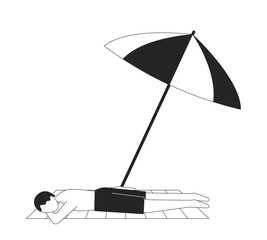 Man sunbathing face down under beach umbrella 2D line character. Parasol shade beachgoer boy lying on towel in swim trunks isolated vector ink outline person faceless. Monochromatic spot illustration