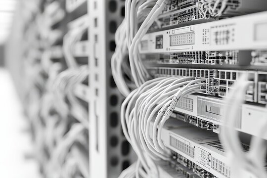 Network server rack filled with interconnected data center equipment featuring extensive cabling organized for efficient connectivity - Powered by Adobe