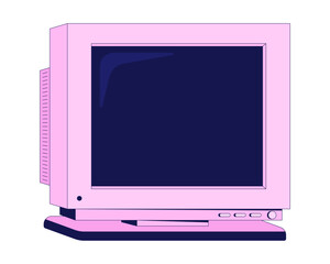 Angled pink CRT monitor bulky 90s screen 2D cartoon object. Analog display. Y2k hardware. Tech nostalgia. Oldschool technology isolated element flat vector clip art on white. Spot illustration