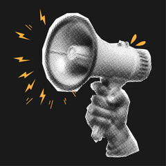 Hand holding megaphone with halftone style,dotted texture retro halftone collage torn out element