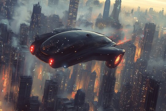 Innovative flying car navigates through bustling cityscape during twilight, showcasing advanced technology and urban life