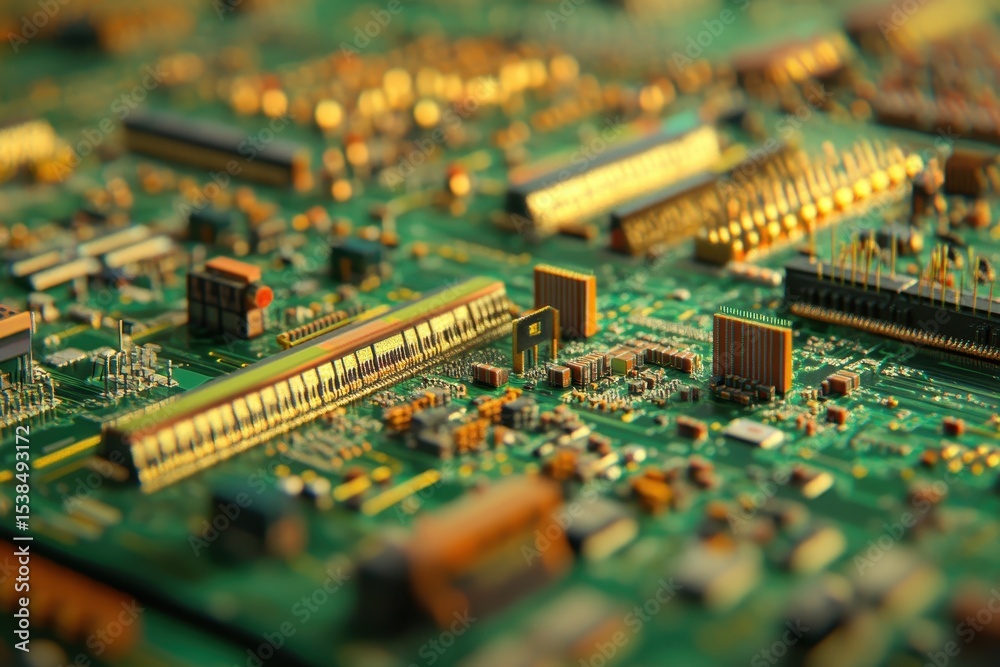 Poster close-up view of microchip surface showcasing intricate circuitry and technology details from a comp